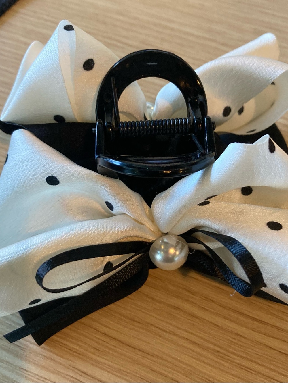 Polka Dot Bow Hair Claw with Pearl Accent - Black & White